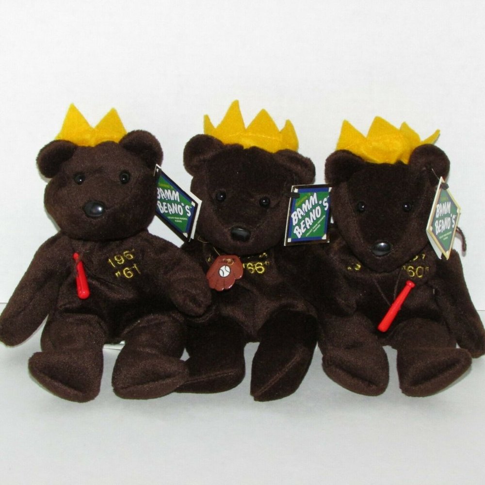 3 MLB Baseball Teddy Bears BAMM BEANO'S Collection Sosa Maris Ruth Sports Gift